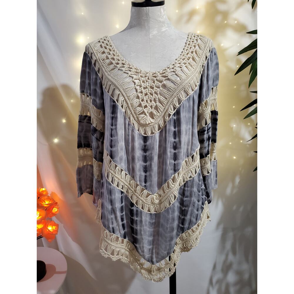 Etc Crochet Tie Dye Boho Flowy Long Sleeve Gauze Blouse Top Womens One Size Gray